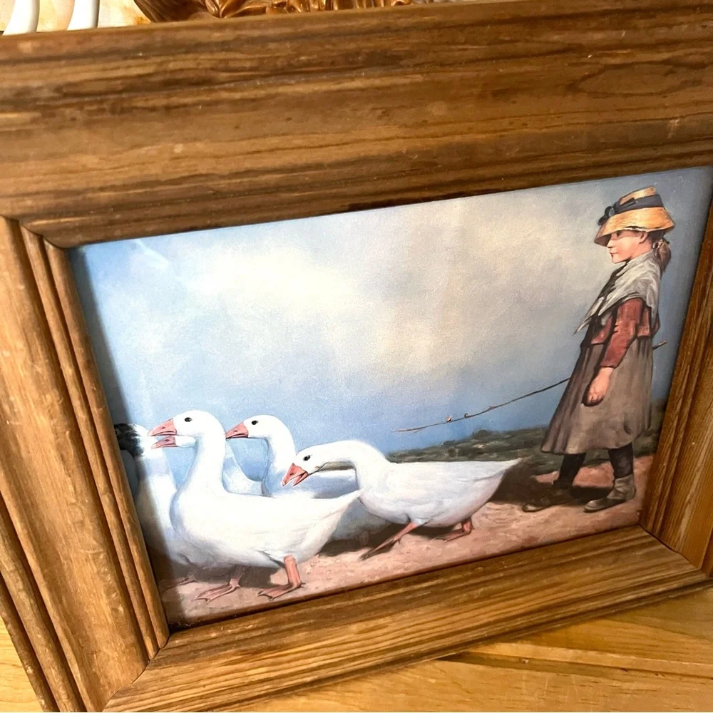 Vintage 1980s Print “Girl Herding Ducks” wood frame with glass 14x12 - Picture 2 of 3